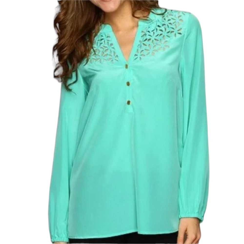Lilly Pulitzer Silk Elsa Floral Embroidered Eyelet Cutout Blouse in Lagoon - XS